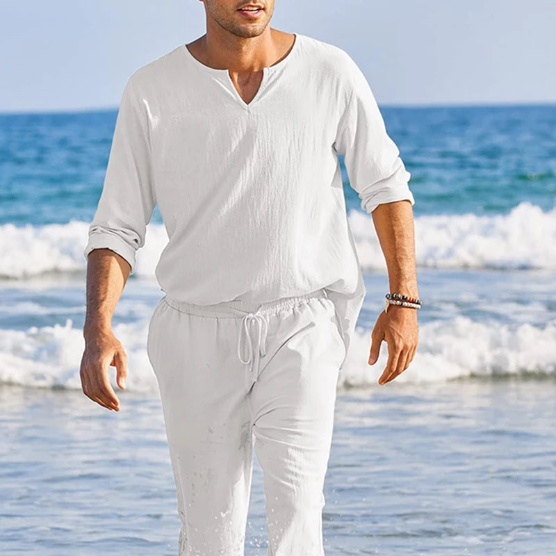 Herren Freizeit-Set | Langarmshirt mit V-Ausschnitt und Hose mit Kordelzug | Entspannter Freizeitstil