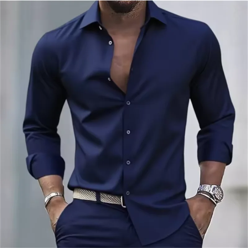 Herren Slim-Fit Hemd mit langen Ärmeln, Knöpfen und einfarbigem Design | Formell