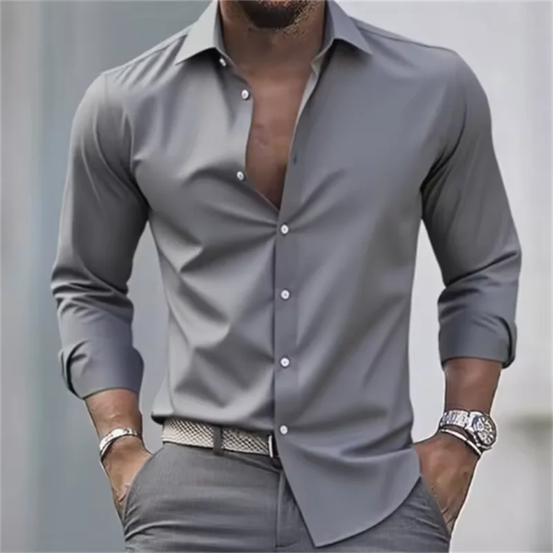 Herren Slim-Fit Hemd mit langen Ärmeln, Knöpfen und einfarbigem Design | Formell