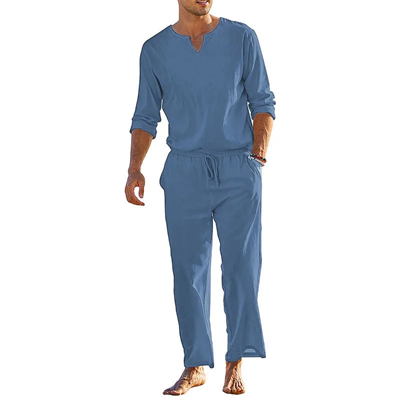 Herren Freizeit-Set | Langarmshirt mit V-Ausschnitt und Hose mit Kordelzug | Entspannter Freizeitstil