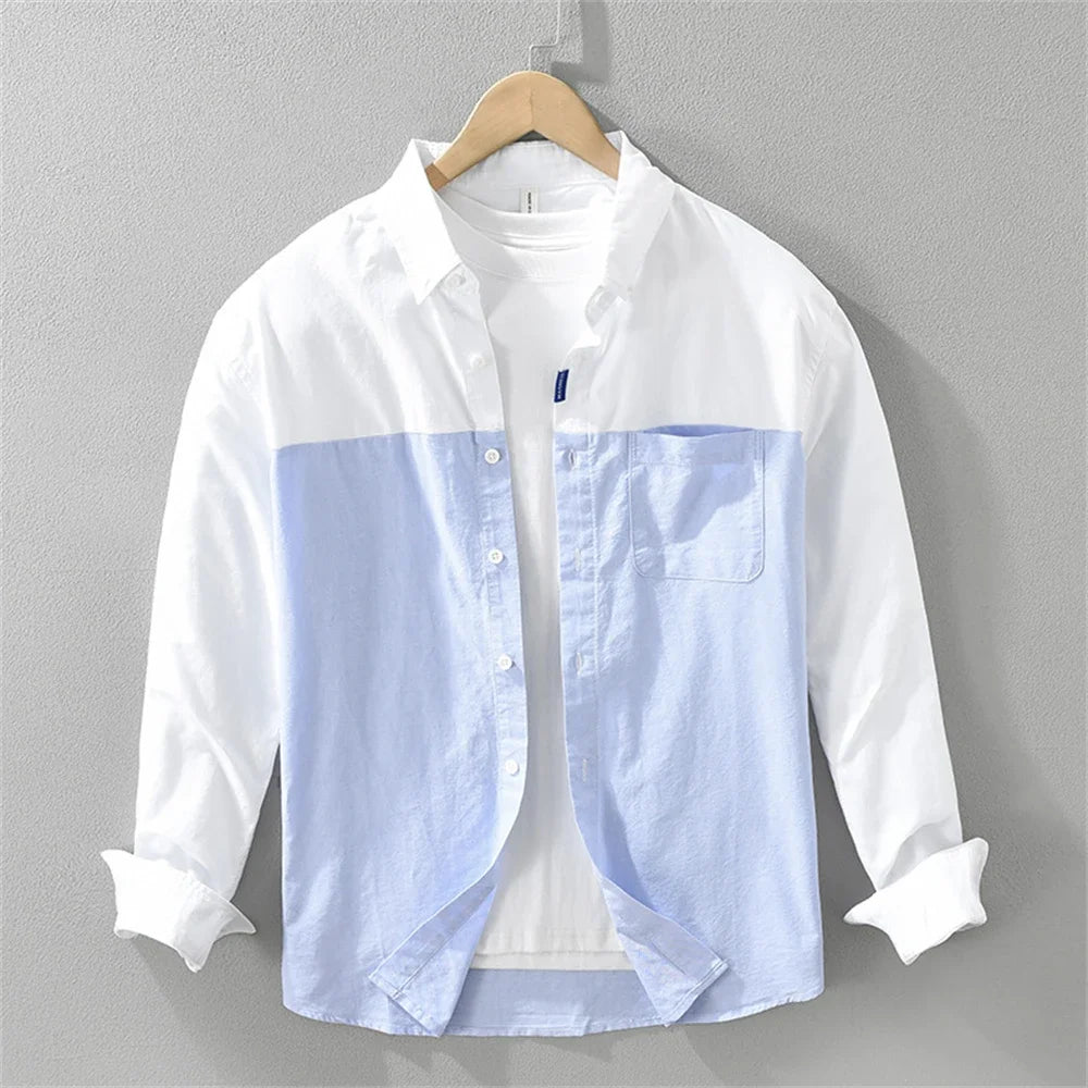 SwissFellas Herren Langarmhemd im Colour-Block-Button-Up-Stil, reguläre Passform