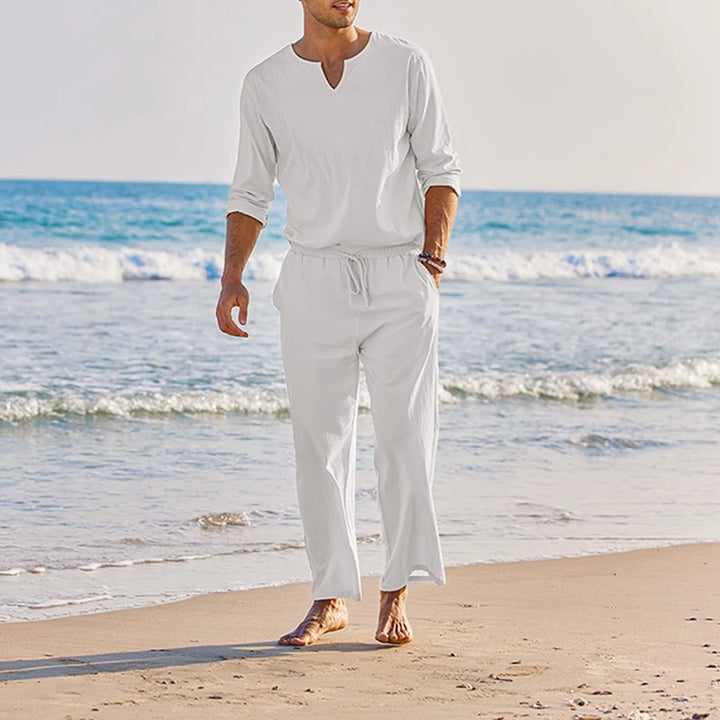 Herren Freizeit-Set | Langarmshirt mit V-Ausschnitt und Hose mit Kordelzug | Entspannter Freizeitstil