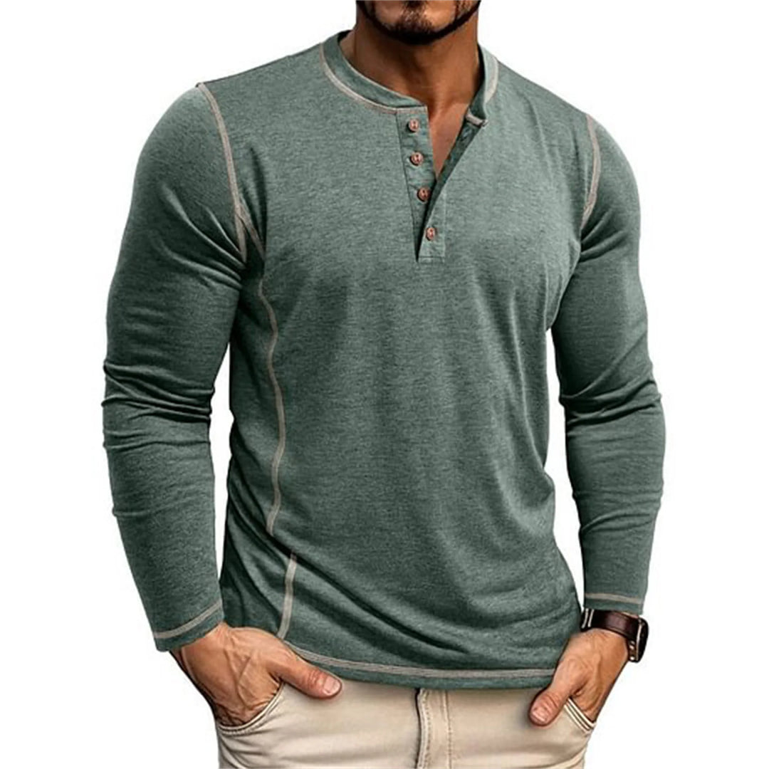 Herren Henley Shirt Langarm Knöpfe Ausschnitt Kontrastnähte Hemd | Alltag