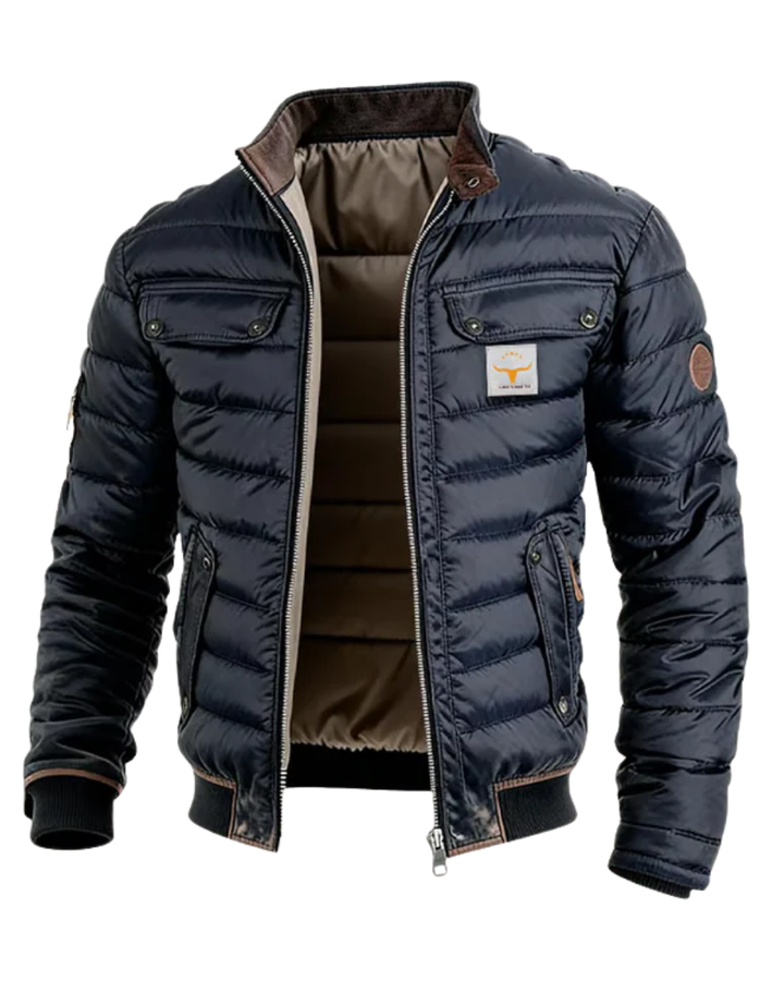 Dunkelblaue gefütterte Herrenjacke mit schmalem Schnitt