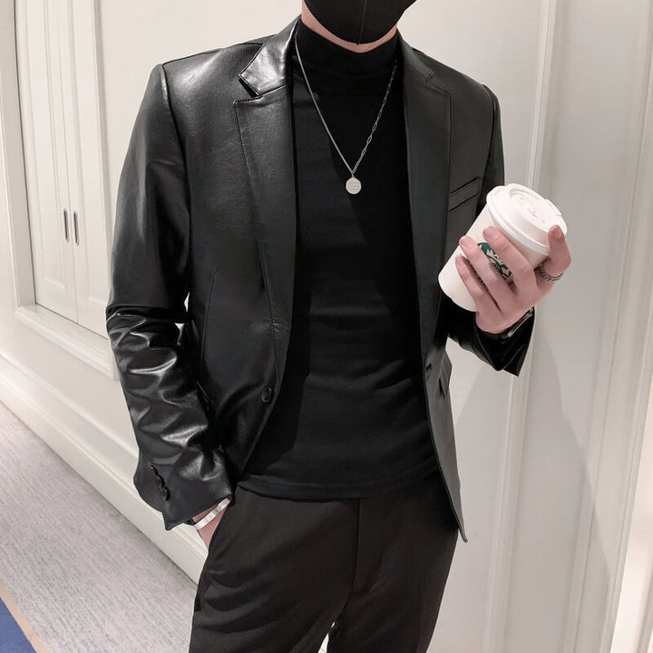 Herren Lederjacke mit Stehkragen in Schwarz im Slim Fit