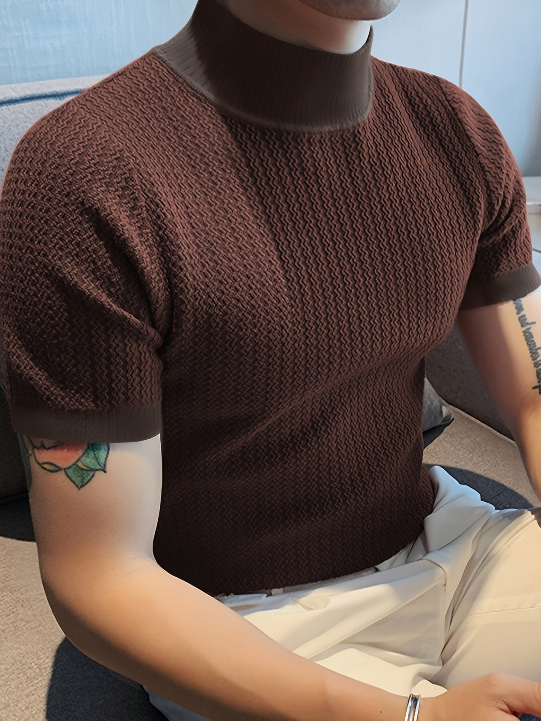SwissFellas Herren Strick T-Shirt mit Stehkragen, schmale Passform