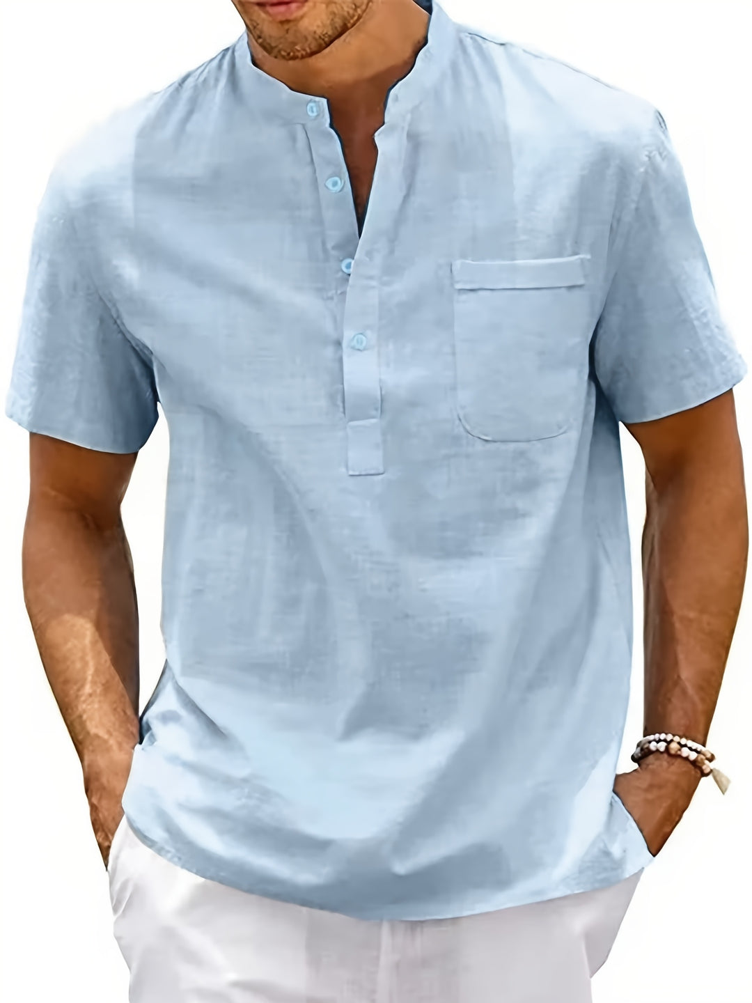 SwissFellas Herren Henley Hemd mit Kurzarm und Stehkragen, reguläre Passform