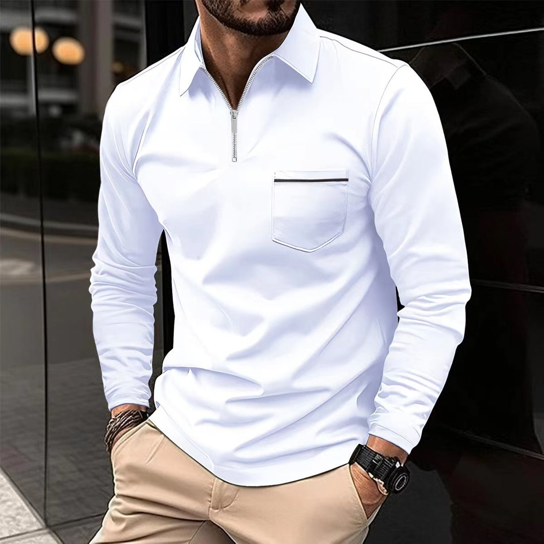 Herren Langarm Poloshirt mit Reissverschluss, einfarbig