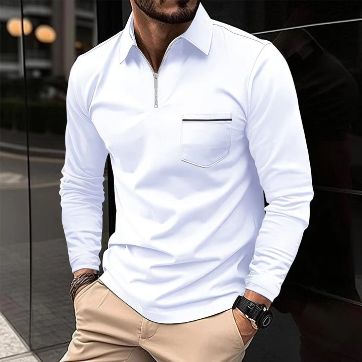 Herren Langarm Poloshirt mit Reissverschluss, einfarbig