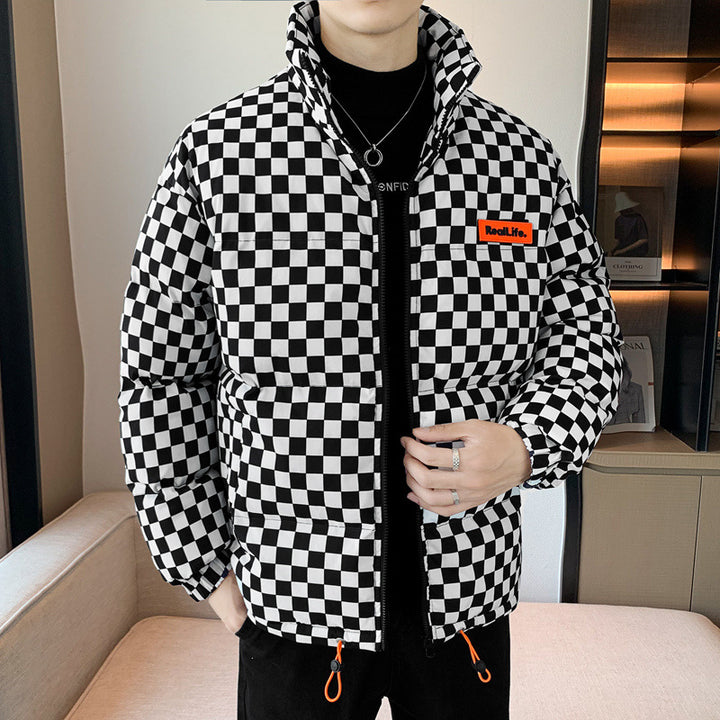 Herren gesteppte Winterjacke mit Karomuster und Stehkragen