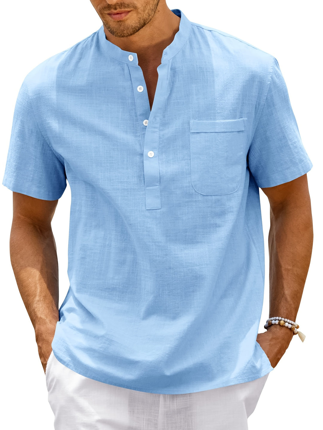 SwissFellas Herren Henley Hemd mit Kurzarm und Stehkragen, reguläre Passform
