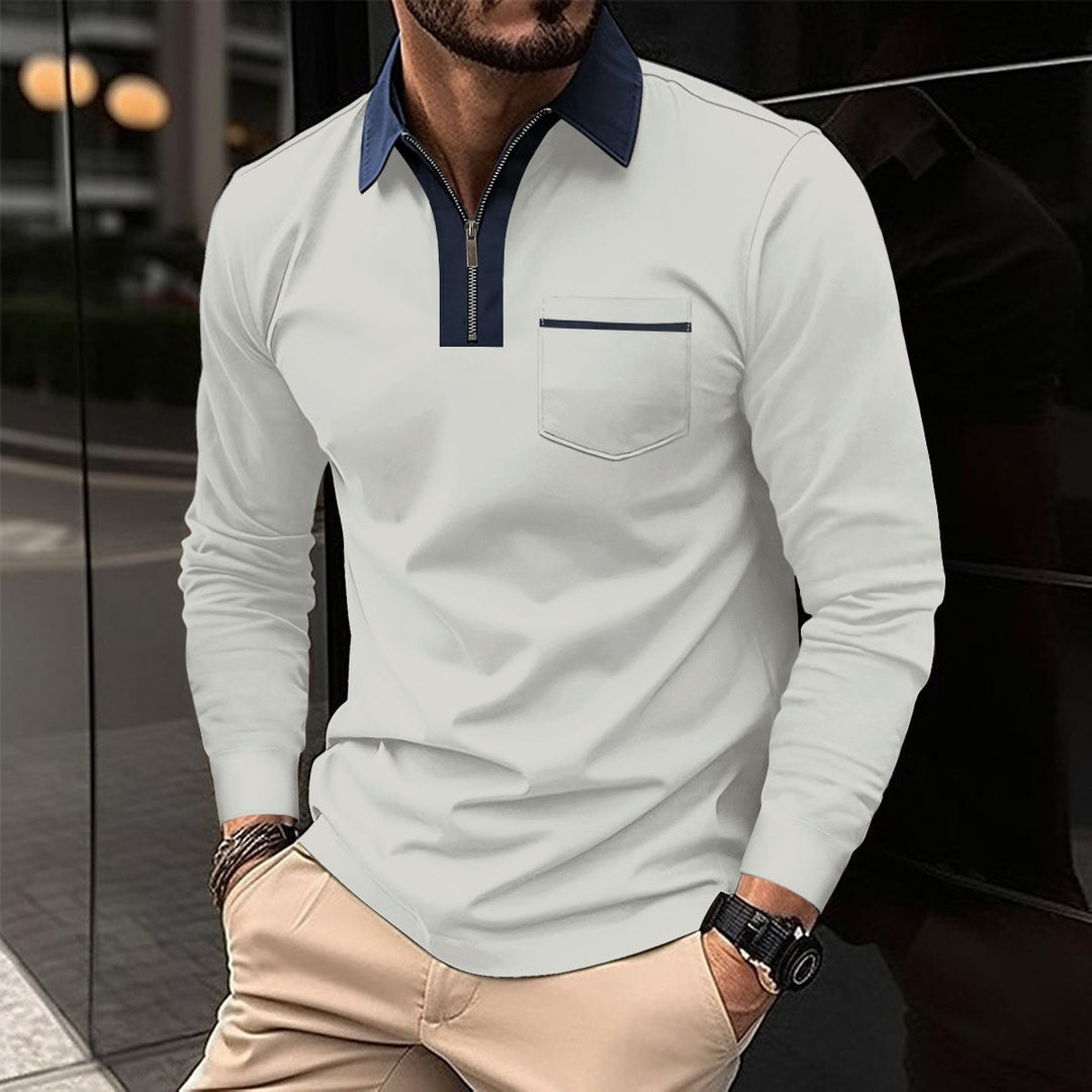 Herren Langarm Poloshirt mit Reissverschluss, einfarbig