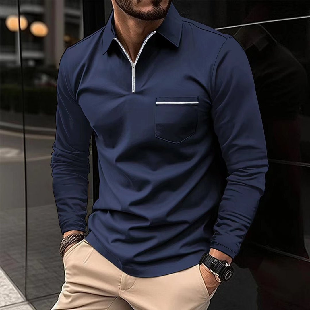 Herren Langarm Poloshirt mit Reissverschluss, einfarbig