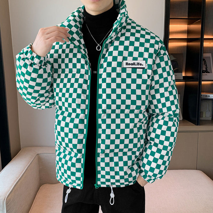 Herren gesteppte Winterjacke mit Karomuster und Stehkragen