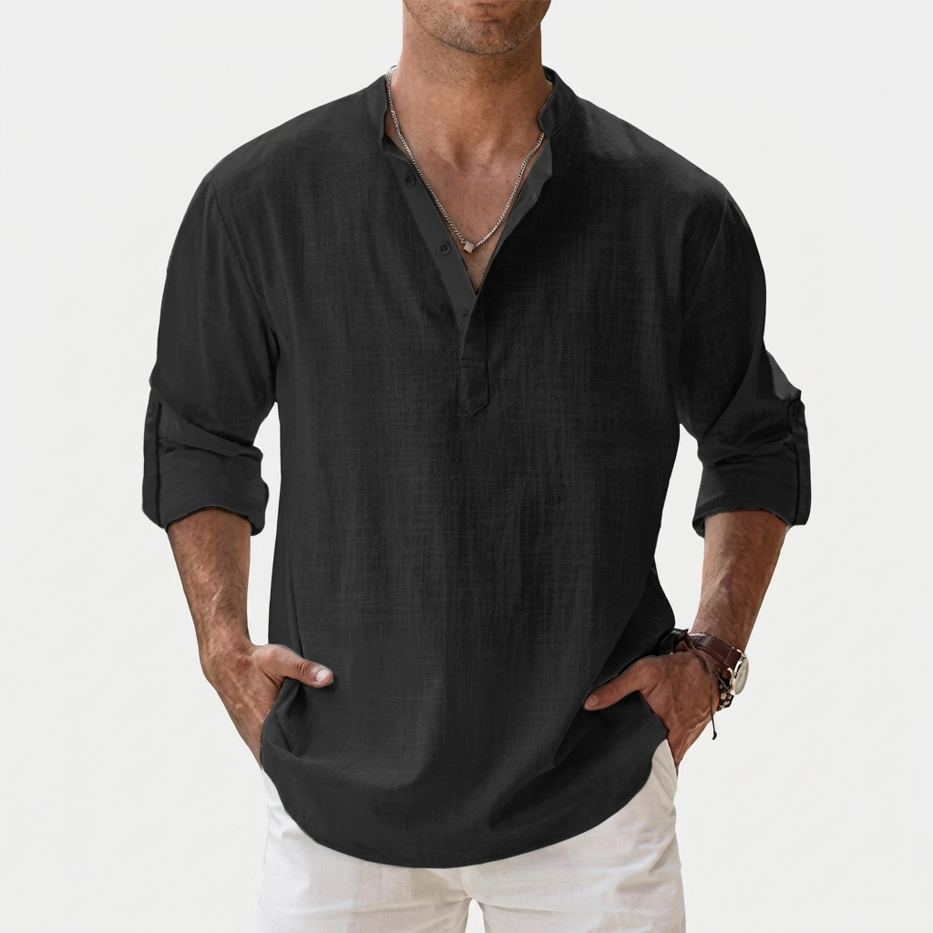 Herren Shirt mit Stehkragen | Langarmshirt mit Geradem Schnitt | Strukturierter Look | Entspannter Freizeitstil