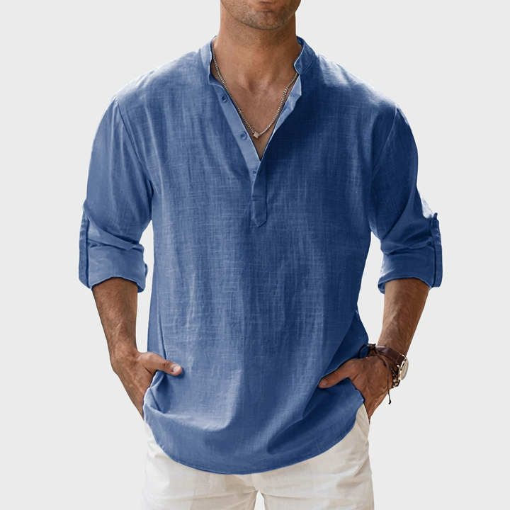 Herren Shirt mit Stehkragen | Langarmshirt mit Geradem Schnitt | Strukturierter Look | Entspannter Freizeitstil