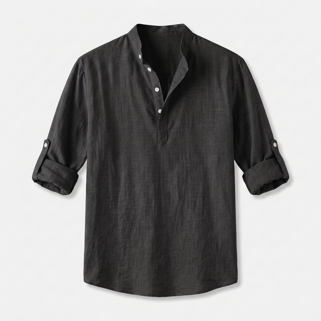 Herren Shirt mit Stehkragen | Langarmshirt mit Geradem Schnitt | Strukturierter Look | Entspannter Freizeitstil
