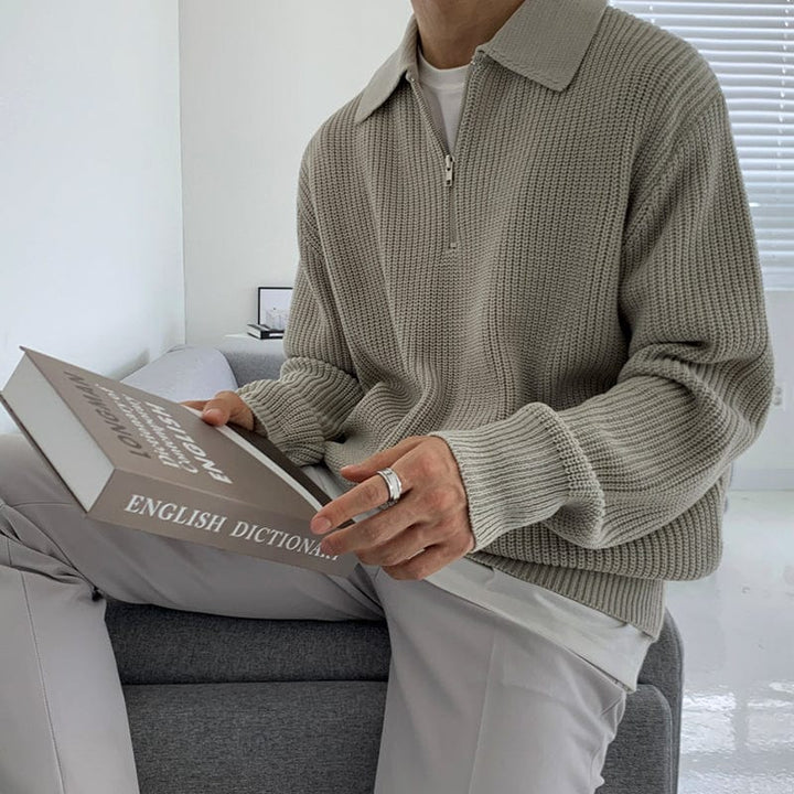 Strickpullover mit Halbreißverschluss am Kragen - khaki creme