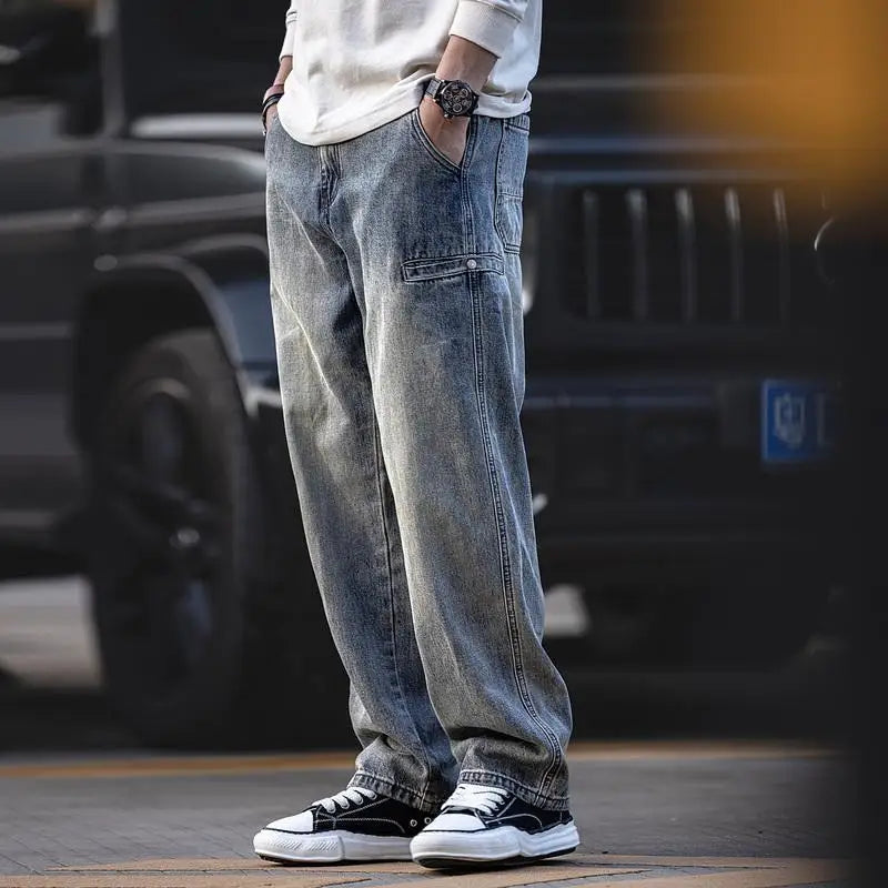 Herren Jeans im Washed-Look mit weitem Bein - grau